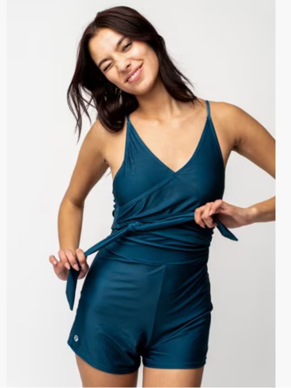 Nani Women’s Teal Wrap-Front Romper One Piece Swimsuit Size Small
